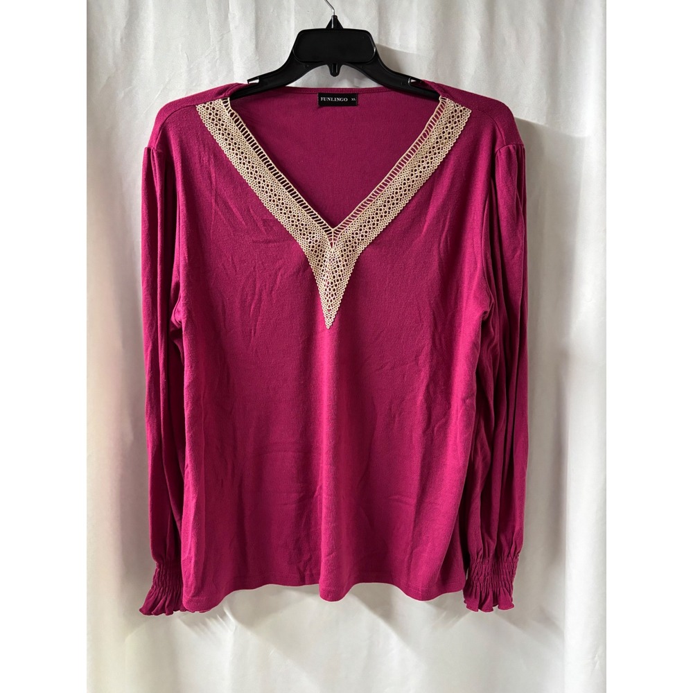 FUNLINGO Women's Fuchsia Lace Trim V‎ Neck Long Sleeve Shirt Top size XL